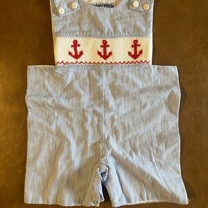 Vintage Blue and White Smocked Striped Overalls with Red Anchor Design